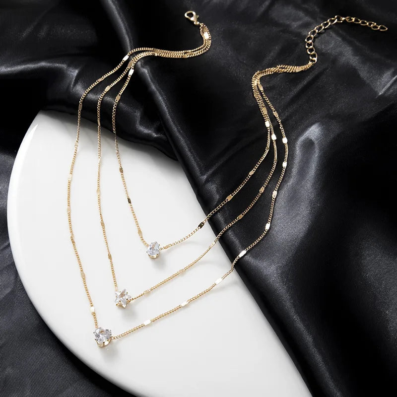 Celestial Spark Layered Necklace – Zircon Heart Pendant Choker