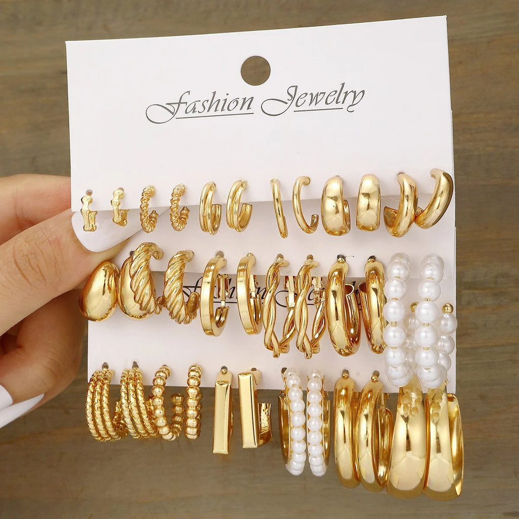 Golden Glow Geometric Hoop Earrings Set – Pearl & Gold Collection