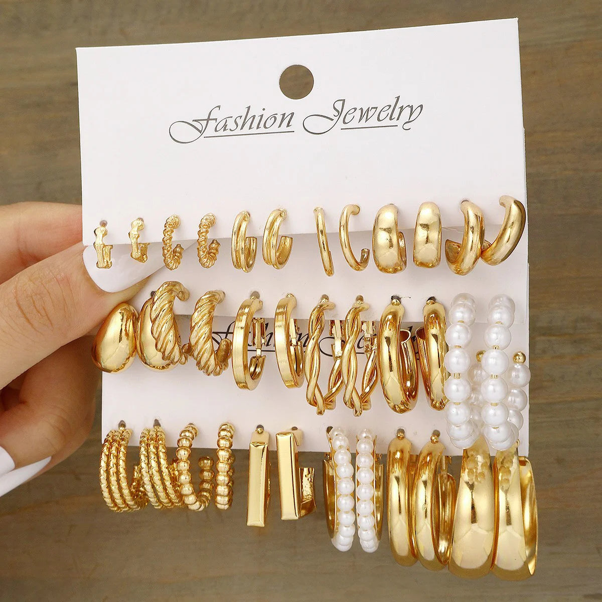 Golden Glow Geometric Hoop Earrings Set – Pearl & Gold Collection