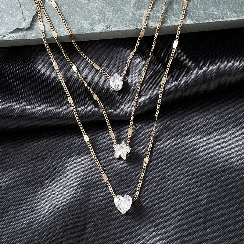 Celestial Spark Layered Necklace – Zircon Heart Pendant Choker