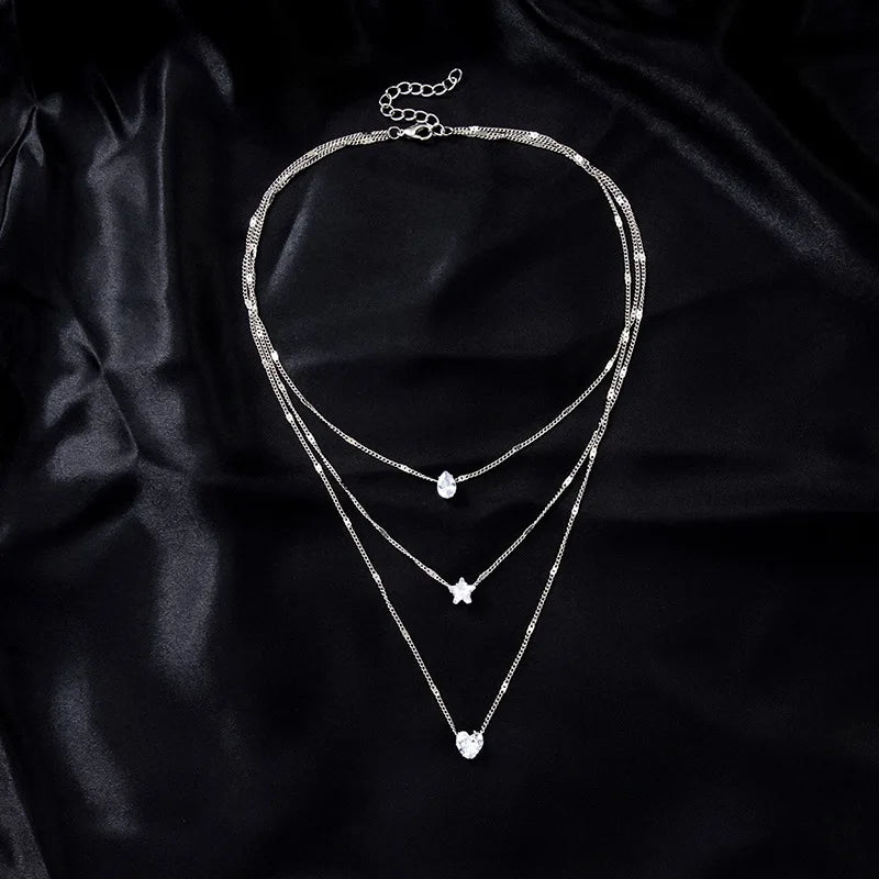 Celestial Spark Layered Necklace – Zircon Heart Pendant Choker