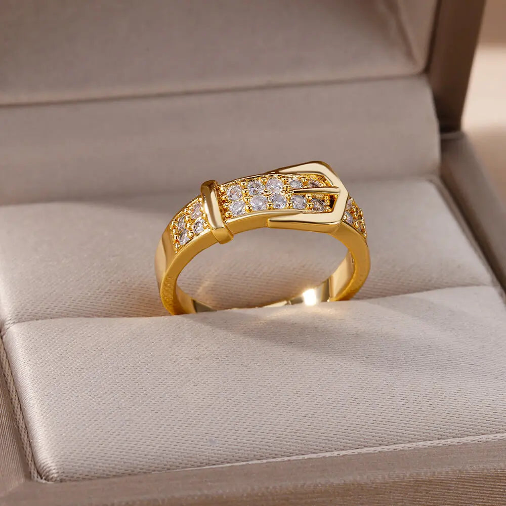 Crystal Buckle Adjustable Ring – Stainless Steel Belt Band