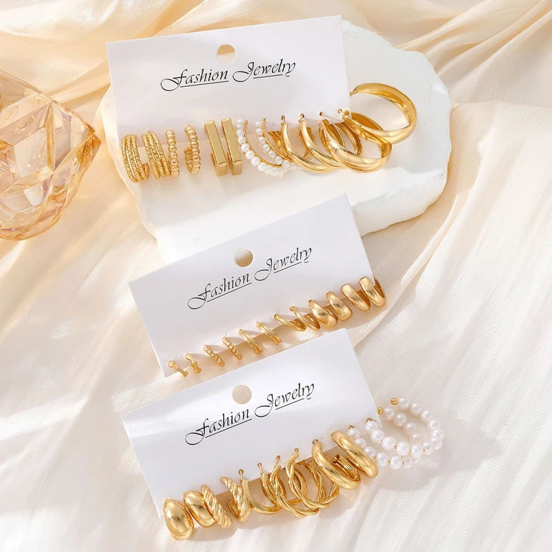 Golden Glow Geometric Hoop Earrings Set – Pearl & Gold Collection