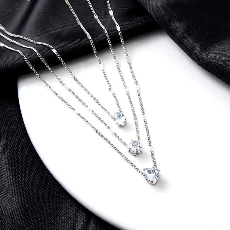 Celestial Spark Layered Necklace – Zircon Heart Pendant Choker