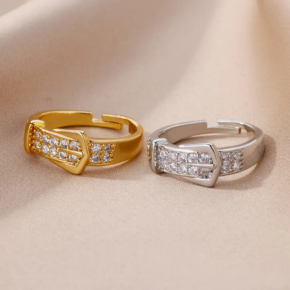 Crystal Buckle Adjustable Ring – Stainless Steel Belt Band