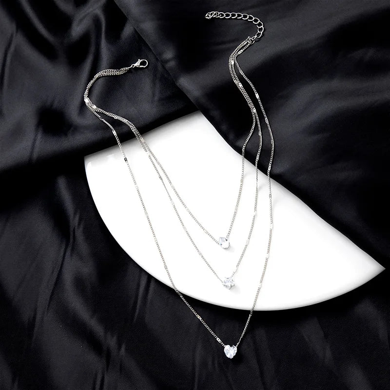 Celestial Spark Layered Necklace – Zircon Heart Pendant Choker