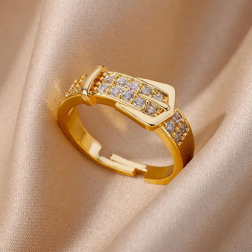 Crystal Buckle Adjustable Ring – Stainless Steel Belt Band