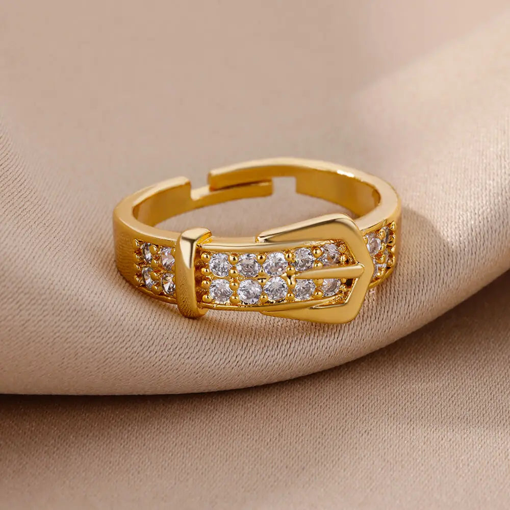 Crystal Buckle Adjustable Ring – Stainless Steel Belt Band