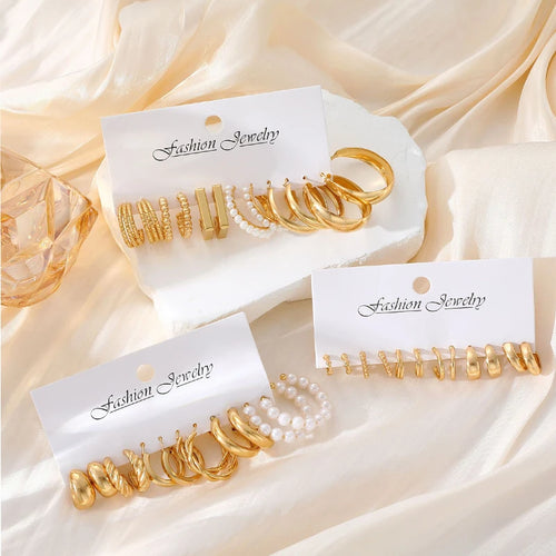 Golden Glow Geometric Hoop Earrings Set – Pearl & Gold Collection