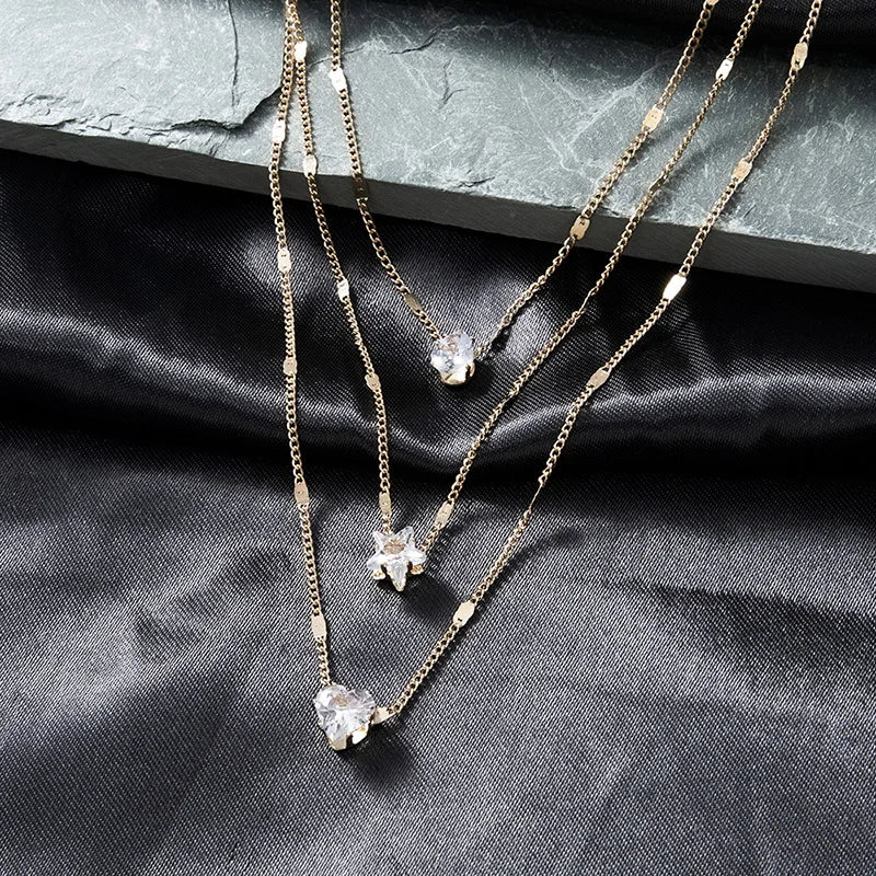 Celestial Spark Layered Necklace – Zircon Heart Pendant Choker