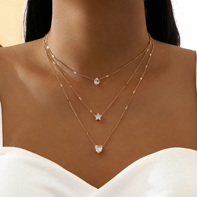Celestial Spark Layered Necklace – Zircon Heart Pendant Choker